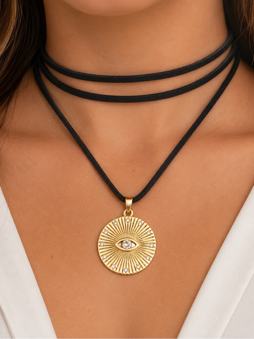 Gold Evil Eye Sunburst Pendant Necklace - Women Jewelry 18K Real Gold Plated